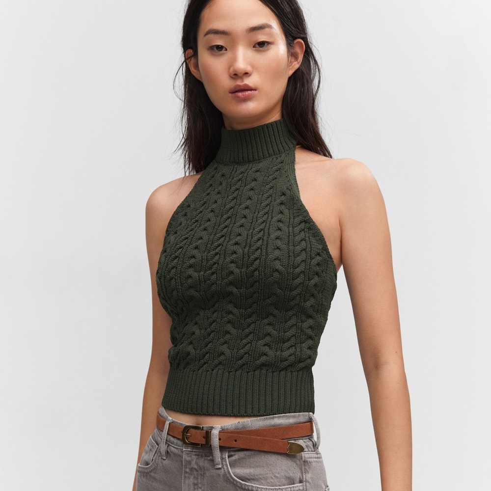 Mango Halter Neck Knitted Top olive green